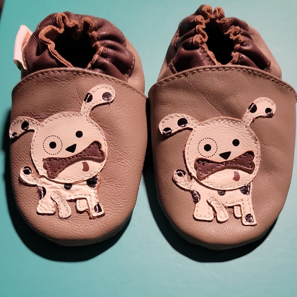 Brown Leather Kids Shoes with Dog Design